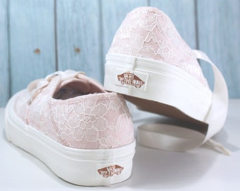 Blush Vans with Ivory Lace – Bridal Lace Vans, Custom Wedding Sneakers, Comfortable Tennis Shoes for Brides