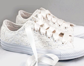 Ivory Lace Bridal Converses  -- Ivory Sequin Lace Converse -- Wedding Tennis shoes  - Wedding Converse