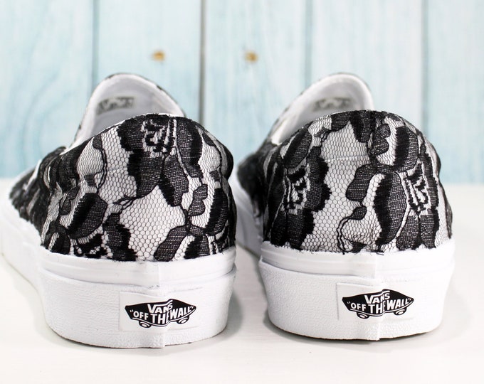 Featured listing image: Black Lace Bridal Vans Slip-On Shoes – Wedding Sneakers