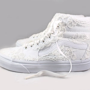 Ivory Lace Bridal Vans SK8-Hi – Floral Lace Wedding Sneakers, High-Top Lace Vans, Custom Bride Shoes, Comfortable Wedding Tennis Shoes