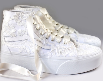 Ivory Lace SK8-HI Tapered Stackform with Floral Lace --Lace Platform Vans -- Wedding Tennis shoes  - Wedding Vans