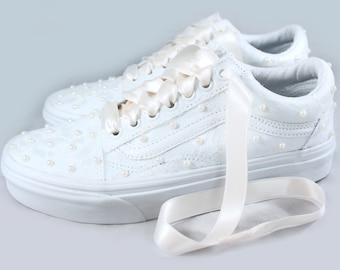 Old Skool White Or Ivory Lace Bridal Vans with pearls  --Lace Vans -- Wedding Tennis shoes  - Wedding Vans