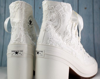 Handmade Ivory Lace Chuck 70 De Luxe Heel Custom Converses - Ivory Floral Lace Bridal Converses - Wedding Boots