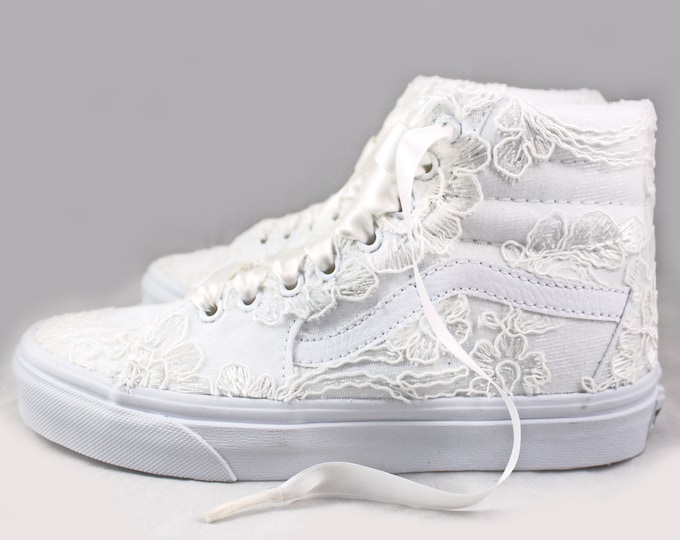 Featured listing image: Ivory Lace Bridal Vans SK8-Hi – Floral Lace Wedding Sneakers, High-Top Lace Vans, Custom Bride Shoes, Comfortable Wedding Tennis Shoes
