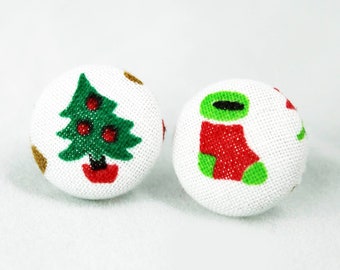 Handmade Fabric Button Christmas Hang the Stockings Earrings - Holiday Theme Earrings -Fabric Covered Button Earrings