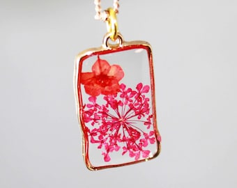 Pressed Pink Starburst and Red Flower Necklace