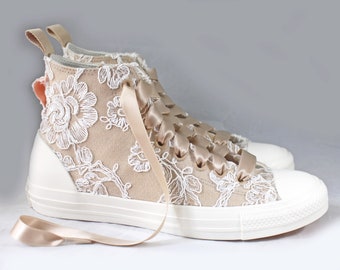 Champagne Lace High Top Converses Size 9-- Ivory Floral Lace Bridal Converses   - Wedding Converse High Top-- Custom Converses