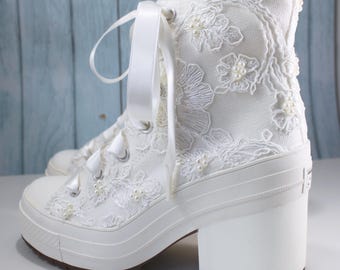 Handmade Pearl Ivory Lace Chuck 70 De Luxe Heel Custom Converses With Pearls - Ivory Floral Lace Bridal Converses - Wedding Boots