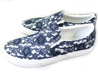 Black or Navy Lace Bridal Vans Slip On  --Lace Vans -- Wedding Tennis shoes  - Wedding Vans