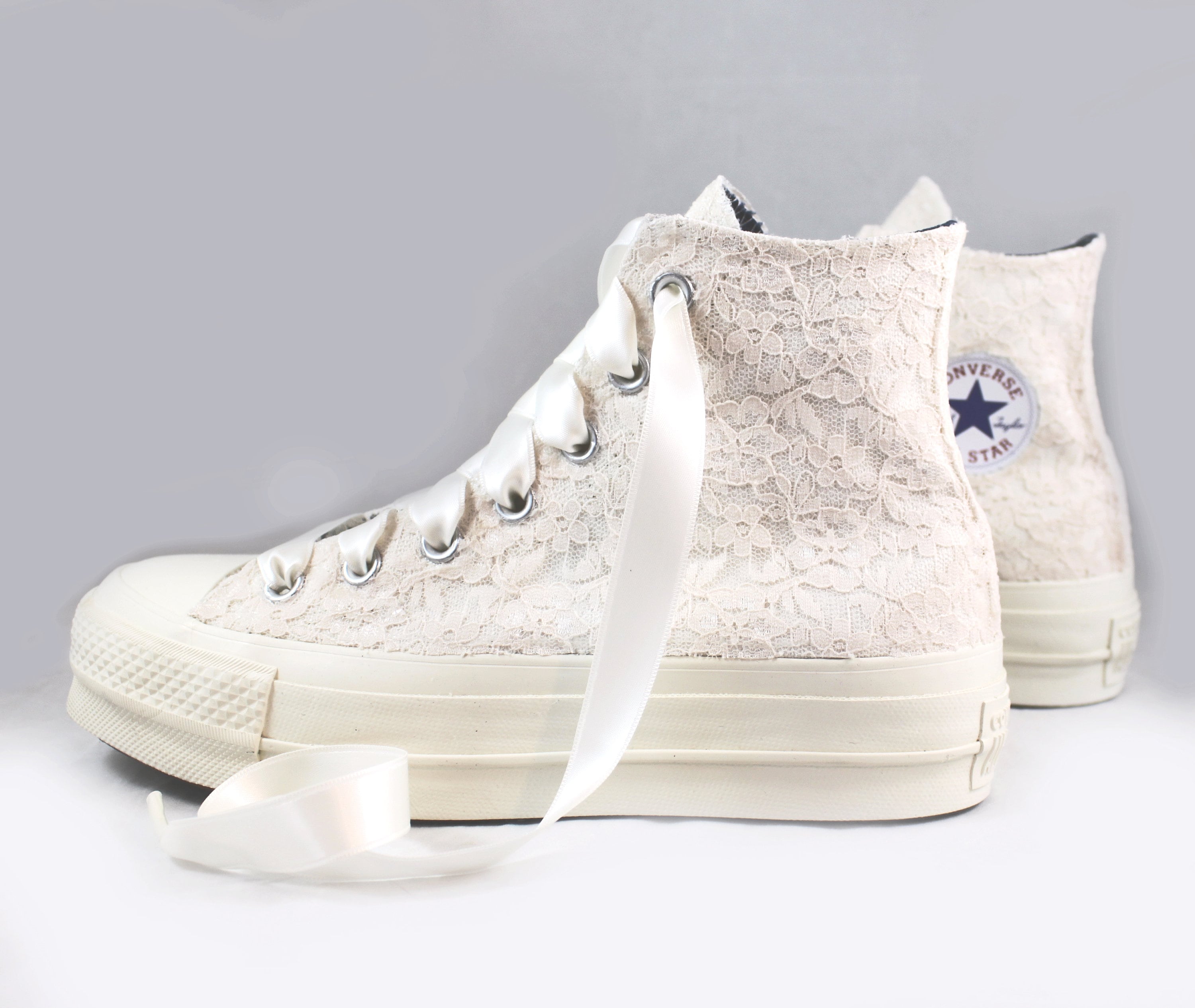 Custom Ivory Platform Converses with Champagne Lace