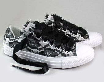 Black Lace Low Top Converses --Black and white Bridal Converses  -Dark Side Wedding Converse-- Custom Converses