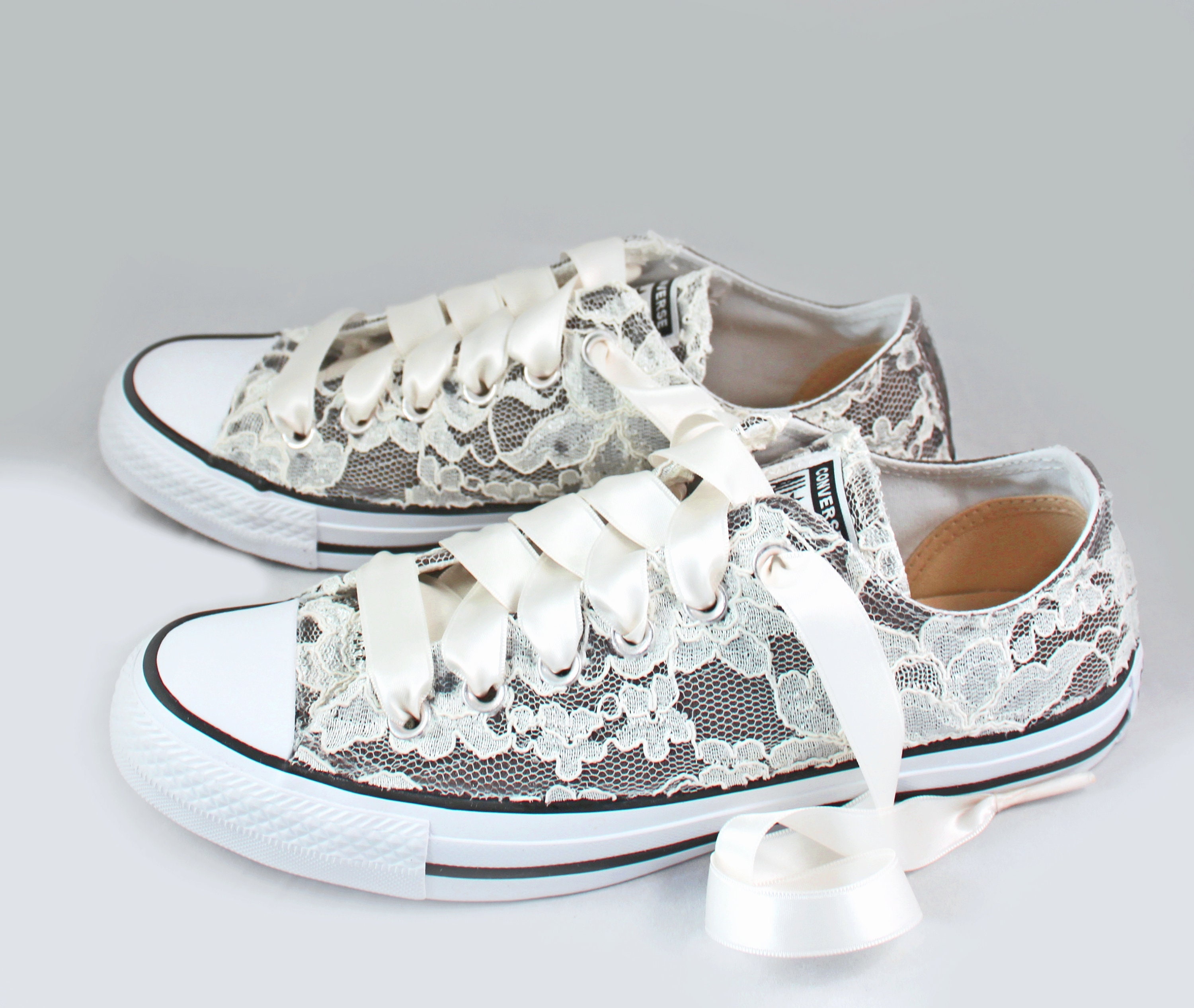 Size  Gray Lace Bridal Converses Ready to ship--Lace Converse charcoal-- Wedding  Tennis shoes - Wedding Converse