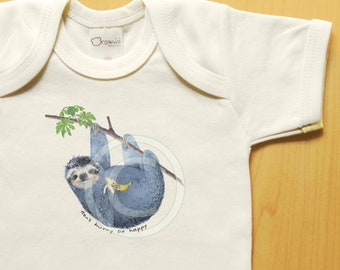 Sloth baby clothes, organic cotton onesie tshirt, natural, baby boy, don't hurry be happy