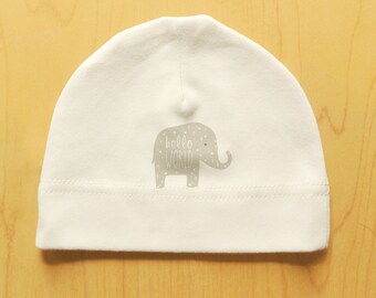 Elephant baby hat, HELLO WORLD, organic cotton, cute print, newborn, 0-3 months, natural