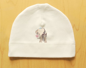 Elephant baby hat, organic cotton, cute print, newborn, 0-3 months, natural