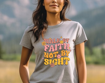 Camiseta de manga corta retro "Camina por la fe" Ropa cristiana