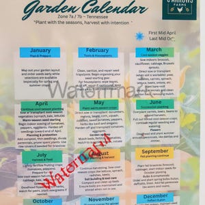 May include: A colorful garden calendar for Zone 7a/7b in Tennessee, with monthly planting and harvesting guides. Includes tips for vegetables, flowers, and soil care, with a focus on seasonal planting.