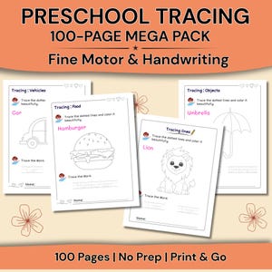 Pacote Completo de Atividades de Caligrafia para Educação Infantil | 100 Páginas para Prática de Coordenação Motora Fina e Caligrafia | Animais, Alimentos, Brinquedos