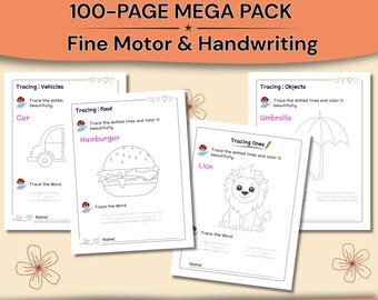 Megapakket overtrekwerkbladen voor kleuters | 100 pagina's fijne motoriek en handschriftoefeningen | Dieren, eten, speelgoed