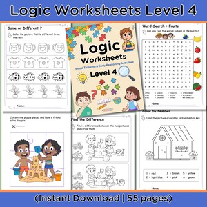Puede incluir: Un cuaderno de trabajo de Logic Worksheets Nivel 4 con diversas actividades de pensamiento visual y razonamiento temprano. Incluye búsquedas de palabras, colorear por números y ejercicios de encontrar las diferencias. Con ilustraciones coloridas y el texto "Instant Download | 55 pages".