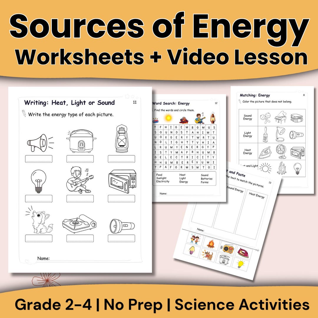 Sources of Energy Worksheets + Video Lesson | Grade 2–4 Science ...