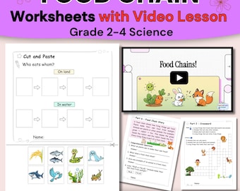 Werkbladen voedselketen met videolessen, wetenschappelijke activiteiten, afdrukbare pdf, groepen 2-4
