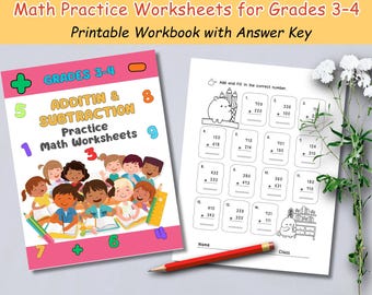 Hojas de ejercicios de matemáticas para practicar suma y resta (3.º y 4.º grado) / Libro de ejercicios imprimible con clave de respuestas