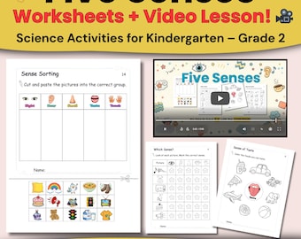 Werkbladen voor vijf zintuigen met videolessen | Wetenschapsactiviteiten kleuterschool | Afdrukbare pdf + QR-code