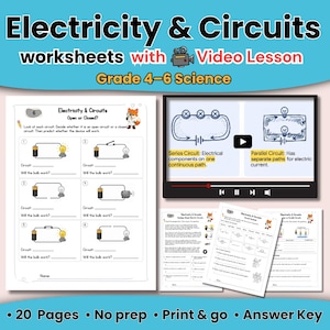 May include: Educational science worksheets titled Electricity & Circuits for grades 4-6, featuring a video lesson player, diagrams of series and parallel circuits, circuit symbol identification tasks, and multiple-choice questions on a white background.