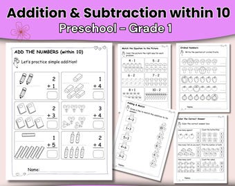 Preschool Math Worksheets Printable | Addition & Subtraction within 10 | Number Bonds Counting Kindergarten PDF