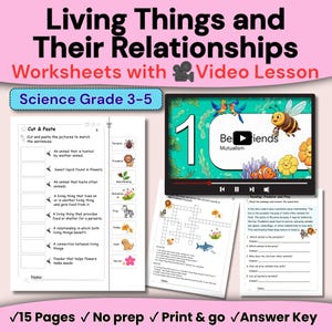Op de afbeelding: Wetenschappelijke werkbladen voor groep 5-7 getiteld Living Things and Their Relationships, inclusief een videoles, knip- en plakactiviteiten, een kruiswoordraadsel en leesbegripvragen met een bijbehorende antwoordsleutel.