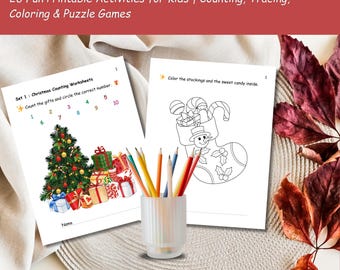 Bundel kerstwerkbladen | 26 leuke afdrukbare activiteiten voor kinderen | Tel-, traceer-, kleur- en puzzelspellen