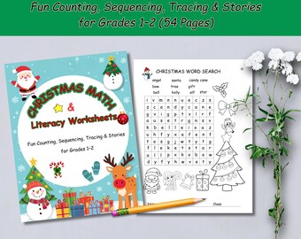 Werkbladen kerstgeletterdheid: lezen en rekenen, leerjaar 1-2 (54 pagina's pdf)