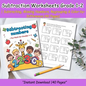 Può includere: Un quaderno di lavoro intitolato "Subtraction Worksheets Grade 1-2" con illustrazioni colorate di bambini e una giraffa. La copertina presenta il testo "Subtracting numbers: Fun Math for Grades 1-2." All'interno, ci sono problemi di sottrazione.