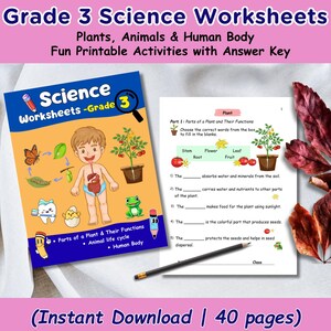 Puede incluir: Un conjunto de hojas de trabajo educativas y coloridas para Ciencias de 3er grado. La portada presenta un niño de dibujos animados, una planta y varias ilustraciones del ciclo de vida de los animales. Las hojas de trabajo cubren plantas, animales y el cuerpo humano, con una clave de respuestas. El texto dice "Descarga instantánea | 40 páginas."