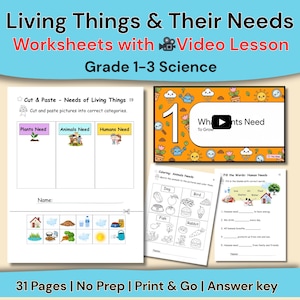 Op de afbeelding: Educatieve werkbladen voor wetenschap voor groep 1-3. De afbeelding toont een verzameling printbare werkbladen met de titel "Living Things & Their Needs". De werkbladen bevatten knip- en plakactiviteiten, kleurplaten en invuloefeningen. Er is ook een videoles inbegrepen.