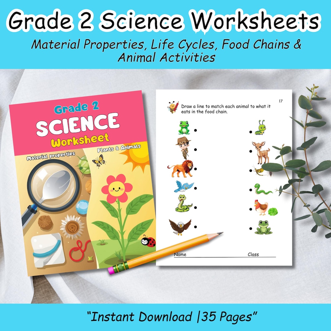 Grade 2 Science Worksheets | Material Properties, Life Cycles, Food