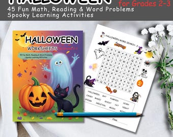 Halloween-werkbladen voor groep 2–3 | 45 leuke reken-, lees- en woordproblemen | Griezelige leeractiviteiten