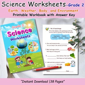 Peut inclure: Cahier d'exercices de sciences de 2e année intitulé "Science Worksheets" sur la Terre, la Météo, le Corps et l'Environnement. La couverture présente des enfants arrosant un arbre. Comprend un corrigé.