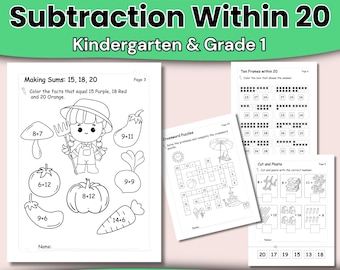 Optellen en aftrekken binnen 20 werkbladen | Wiskundige activiteiten kleuterschool en graad 1