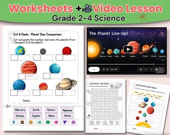 Fichas de trabajo del sistema solar con videolección y actividades sobre los planetas (grados 2-4)