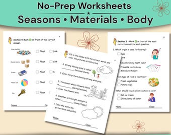Grade 1 Science Worksheets | Seasons, Materials & Body | No Prep Printables
