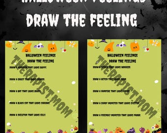 Puede incluir: Dos hojas de actividades con temática de Halloween con el texto "Halloween Feelings Draw the Feeling". Una hoja pide dibujar una calabaza, un fantasma, un murciélago, un gato y un esqueleto con diferentes emociones. La otra hoja pide dibujar una araña, una bruja, un vampiro, un monstruo de caramelo y un monstruo amigable.