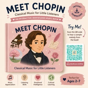 Puede incluir: Un libro infantil rosa titulado "Meet Chopin" con una ilustración de Chopin y un piano. La portada también incluye el texto "Classical Music for Little Listeners" y "An Interactive Montessori Music Book."