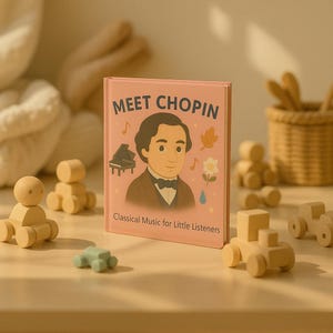 May include: A children's book titled "Meet Chopin" with an illustration of Chopin on the cover. The book is surrounded by wooden toy cars and figures. The text "Classical Music for Little Listeners" is also on the cover.