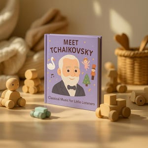 May include: A children's book titled "Meet Tchaikovsky" with a purple cover, featuring an illustration of Tchaikovsky and other graphics. Wooden toys, including cars and figures, are scattered around the book. The book's subtitle reads "Classical Music for Little Listeners."