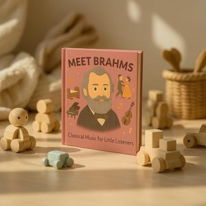 May include: A children's book titled "Meet Brahms" with a pink cover, featuring an illustration of a man with a beard and bow tie. The book is surrounded by wooden toys, including cars and figures, suggesting a theme of classical music for kids.