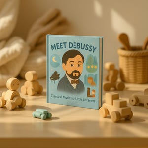 May include: A children's book titled "Meet Debussy" with a light blue cover featuring an illustration of a man with a beard and bow tie. The book is surrounded by wooden toy cars and figures, suggesting a theme of early childhood education.