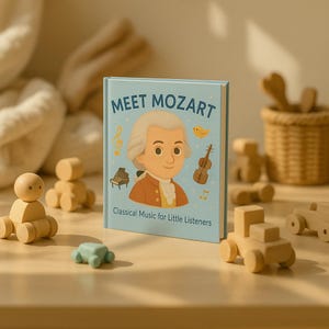 May include: A children's book titled "Meet Mozart" with a cartoon illustration of Mozart on the cover. The book is light blue and features musical instruments. Wooden toys are scattered around the book, including a car, a small green vehicle, and other wooden figures.