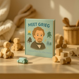 May include: A children's book titled "Meet Grieg" with a light green cover featuring an illustration of a man and a piano. The book is surrounded by wooden toy cars and other wooden toys on a light brown surface.